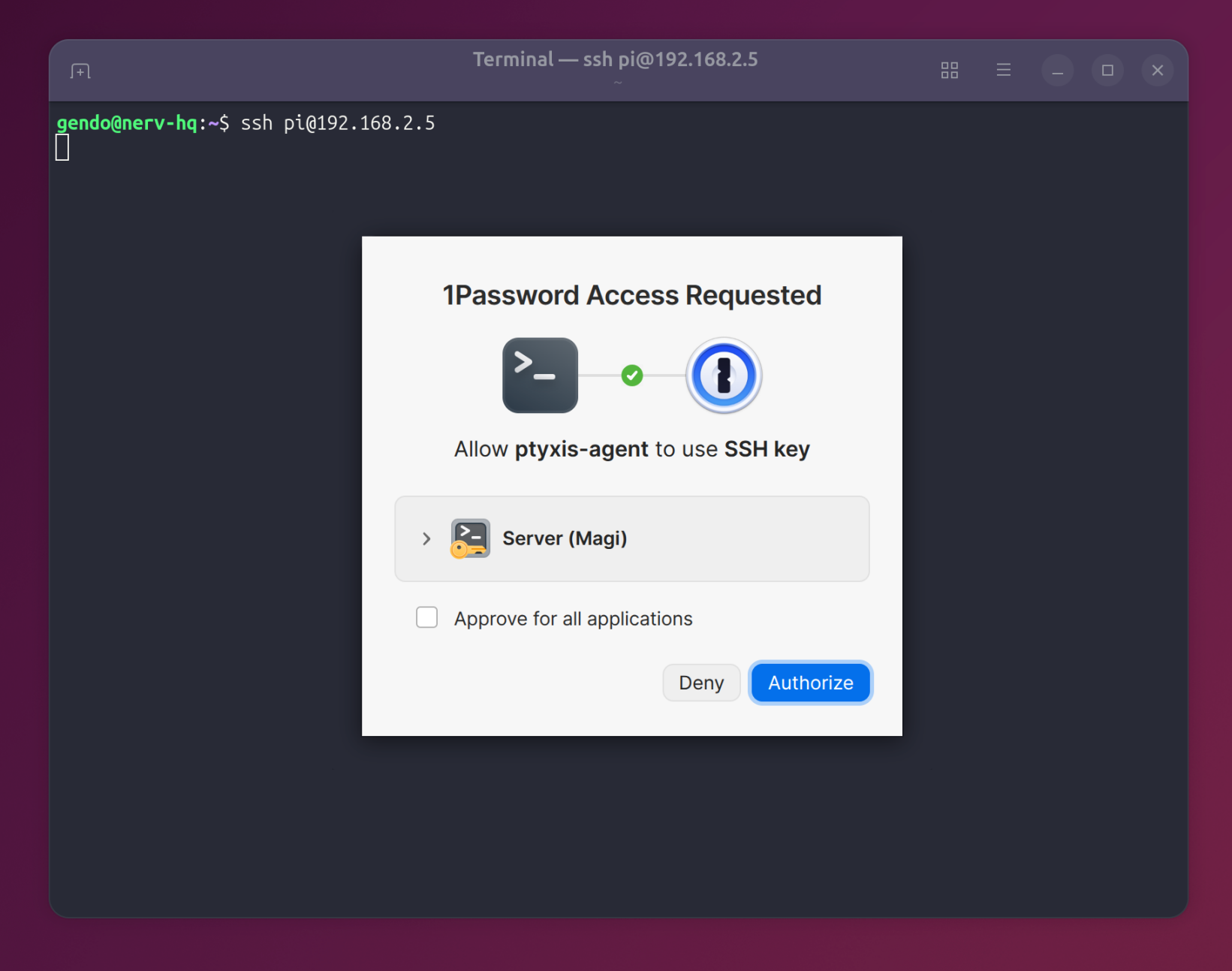 Screenshot of the 1Password SSH agent showing a prompt with an Authorize button, floating over a terminal with an SSH command.