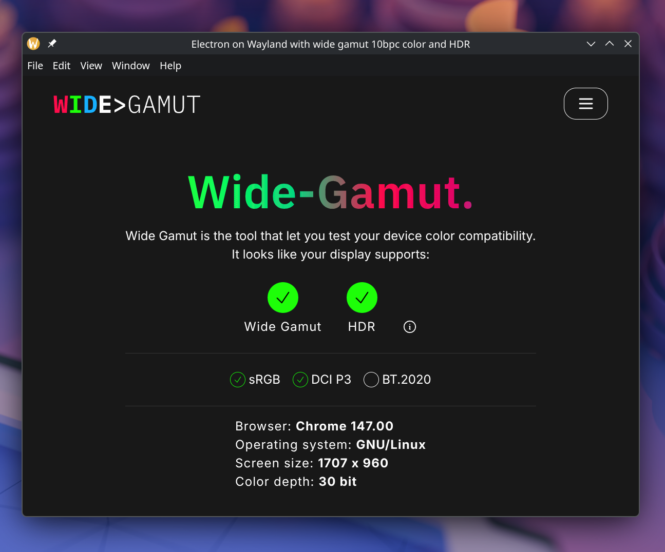Screenshot of an Electron app running natively on Wayland, demonstrating support for wide gamut color and HDR